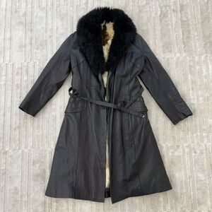 Vintage Black Leather Trench Coat With Fur Collar and Fur Lining